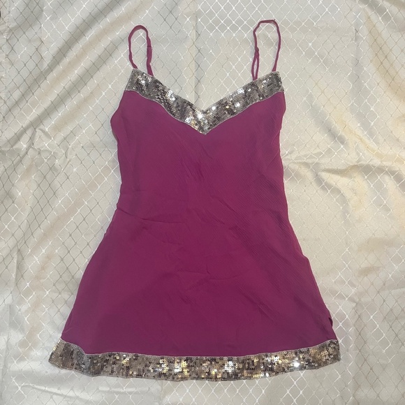 🛍️ 3/$30 | SilkLand Pink & Silver Sequin Silk Camisole Tank Top Mcbling Y2K - Picture 1 of 5